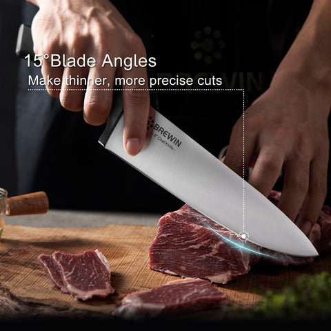 Brewin santoku knife chopping view emphasizes versatile cutting performance.