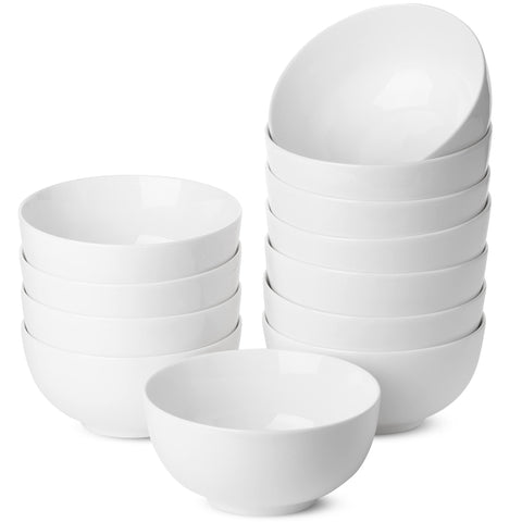 BTaT white porcelain bowls, front view of the 12-piece set for soups and cereals.