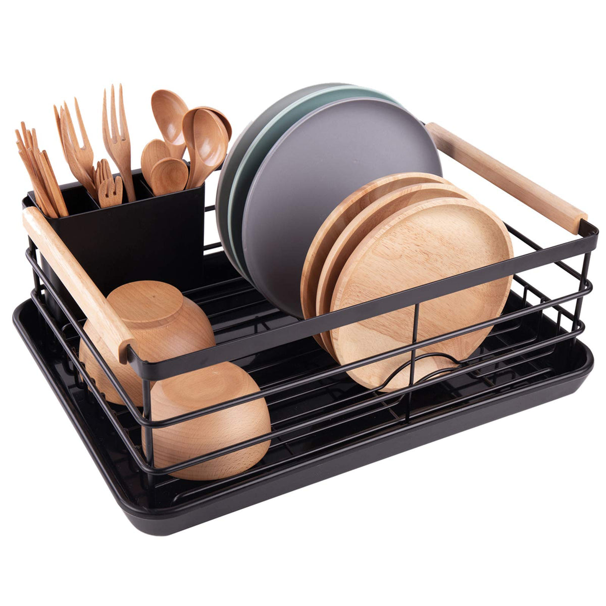 BRIAN & DANY wooden-handle dish rack adds stylish grip for counter drying.
