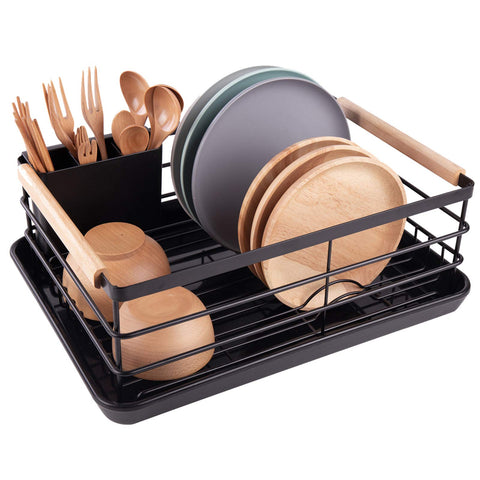 BRIAN & DANY wooden-handle dish rack adds stylish grip for counter drying.