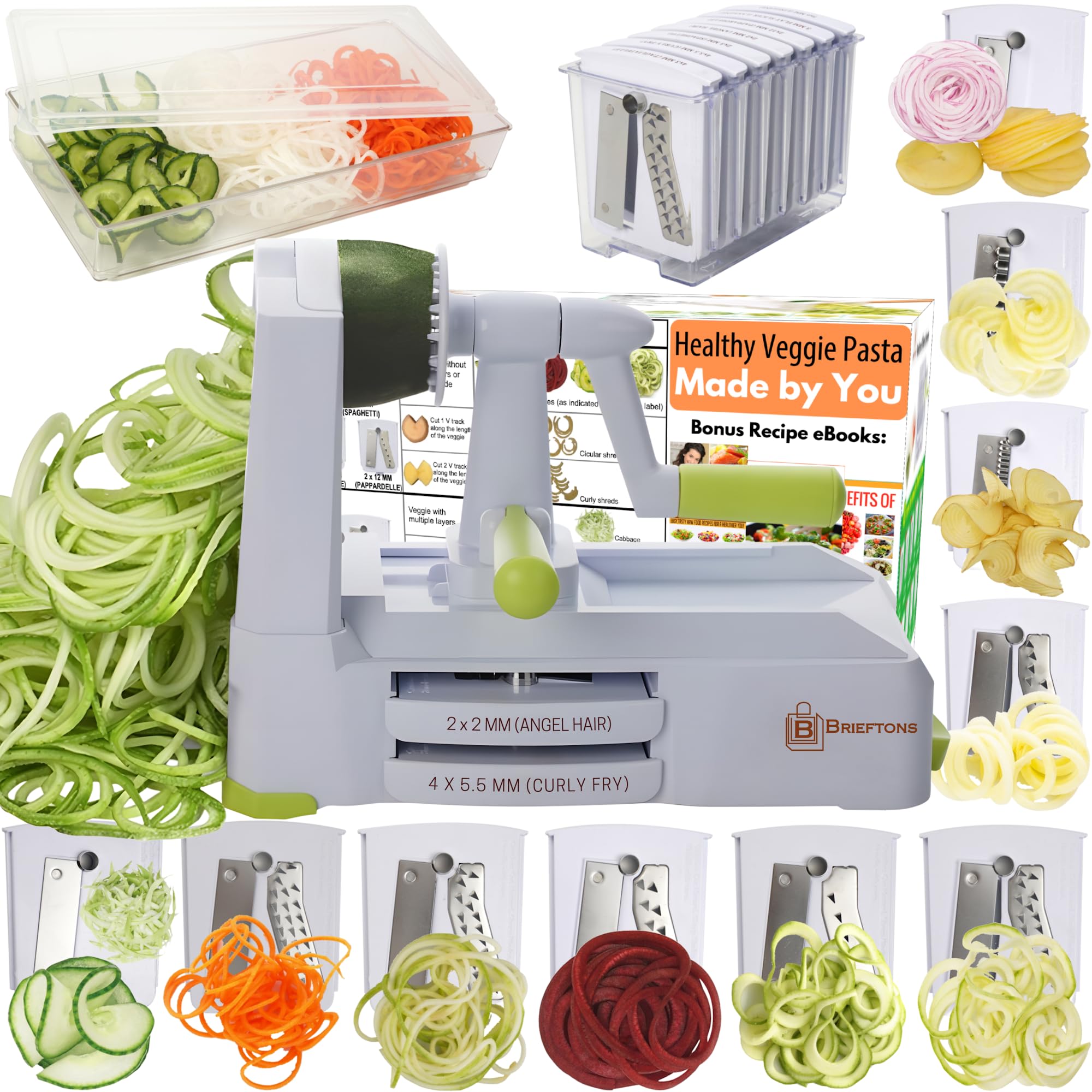 Brieftons 10-blade spiralizer blades for ultra-sharp veggie cuts and noodles.