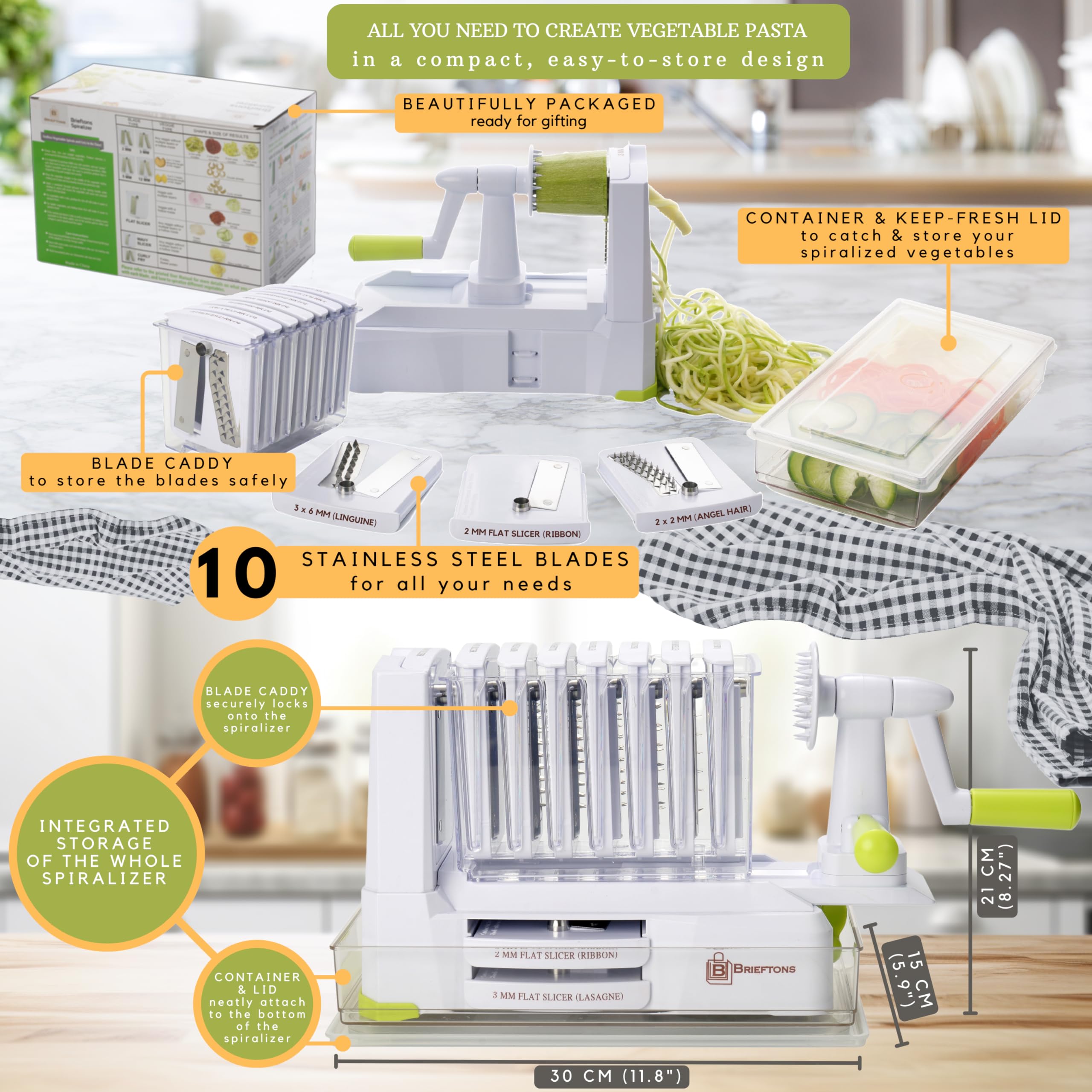 Brieftons horizontal spiralizer design stays steady during operation.