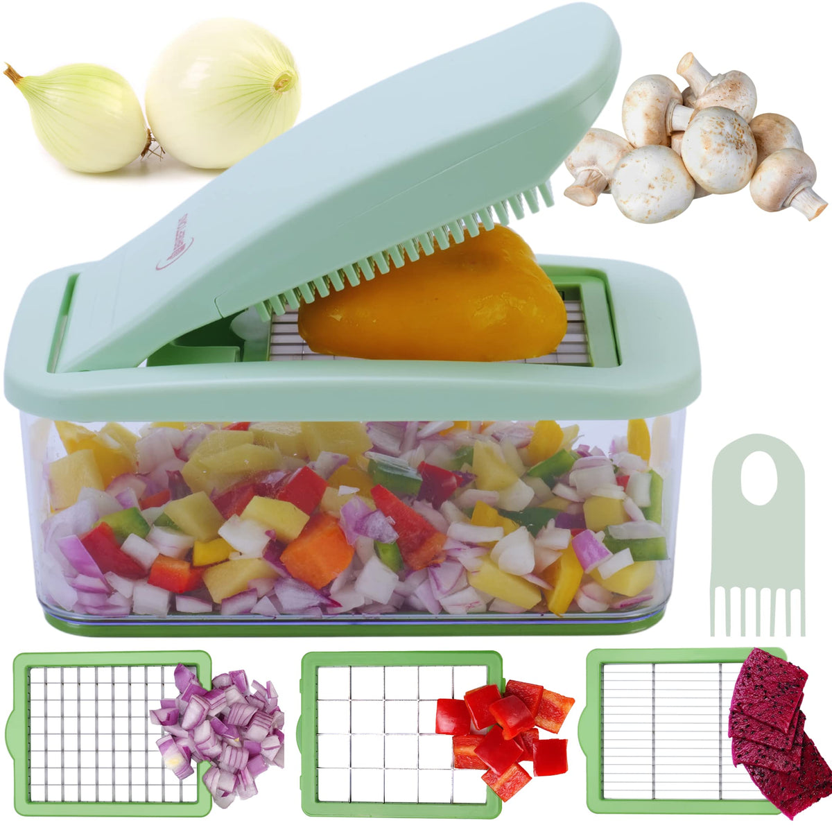 Brieftons QuickPush dicer blades close-up shows 12mm and 23mm options for dice.