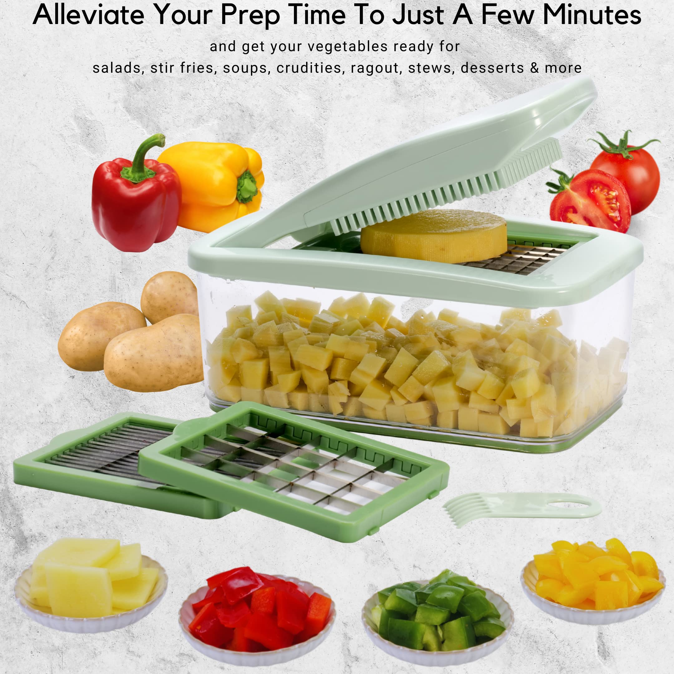 Three stainless steel blades included for dice and slice tasks.