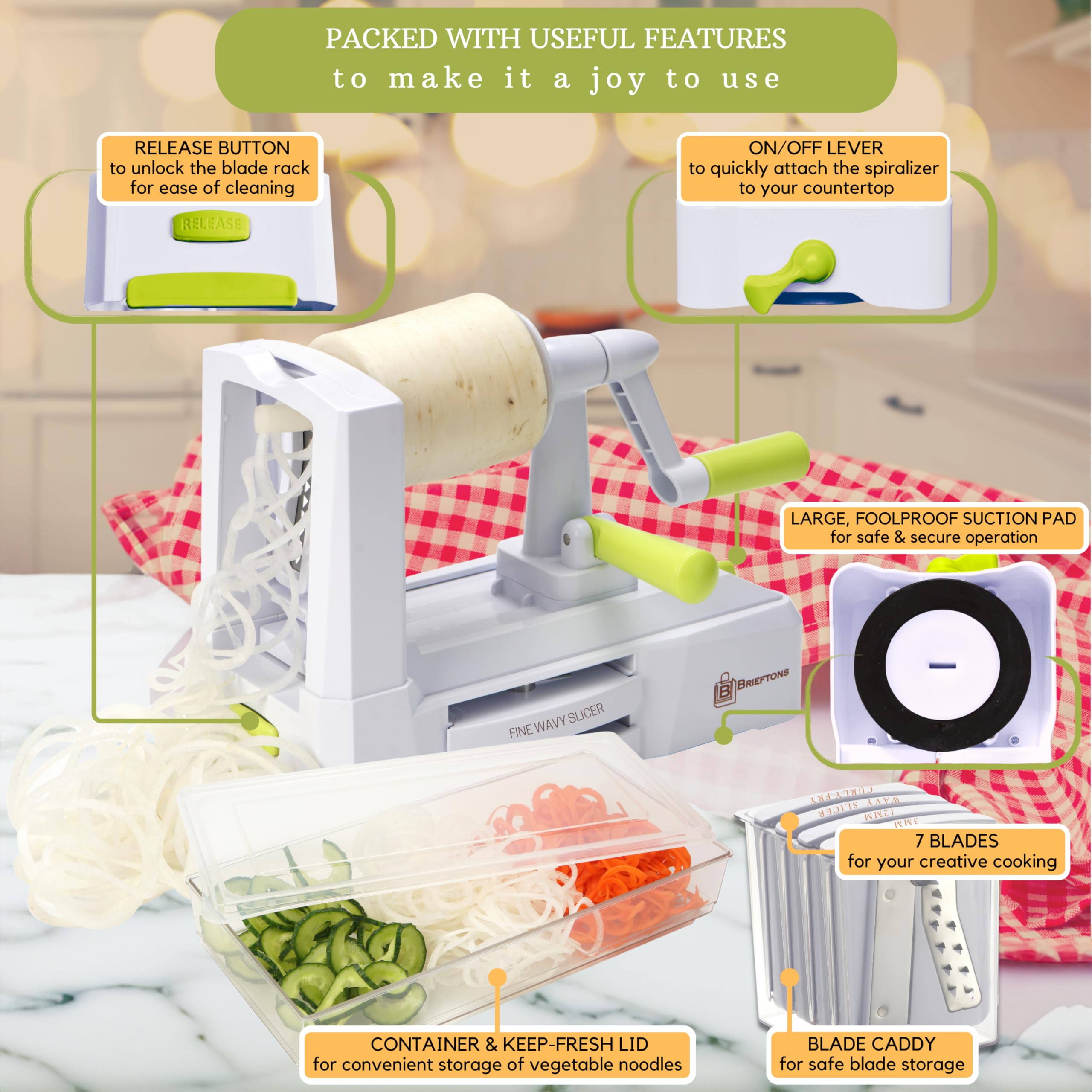 Brieftons Spiralizer blade storage caddy keeps attachments neatly stored.