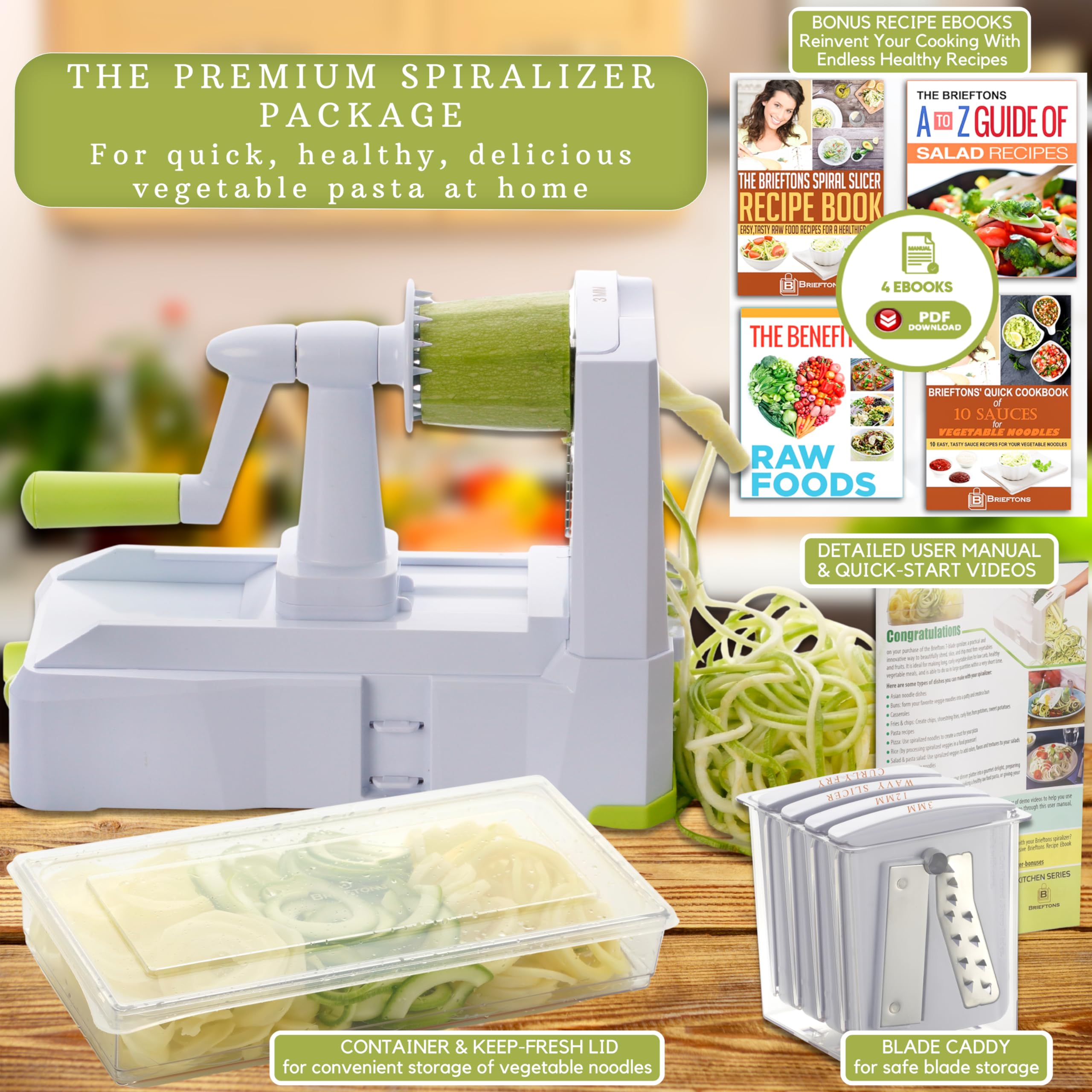Brieftons Spiralizer catch container prevents mess during noodle prep.