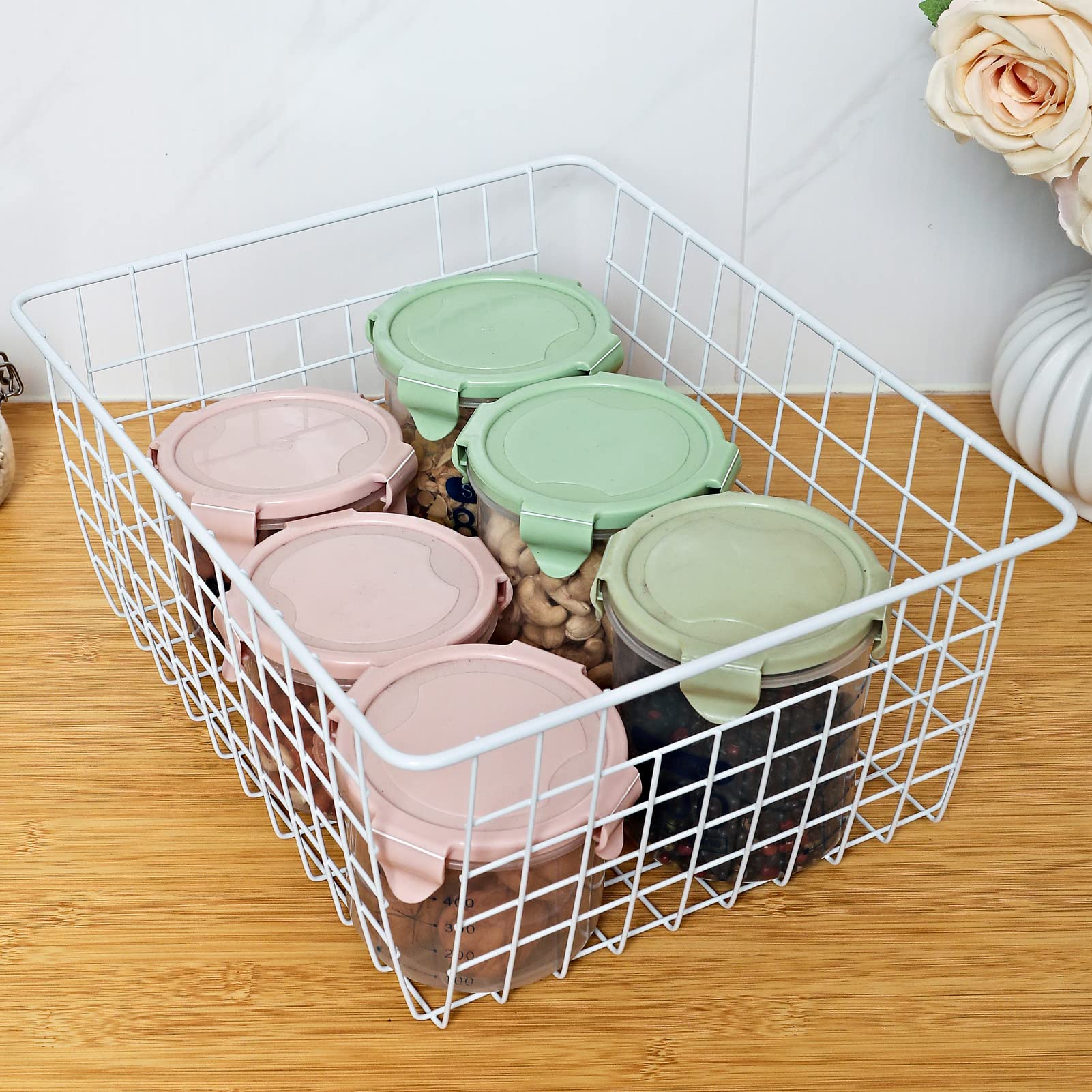 Brightalk pantry organizer baskets keep snacks and cans neatly arranged on shelves