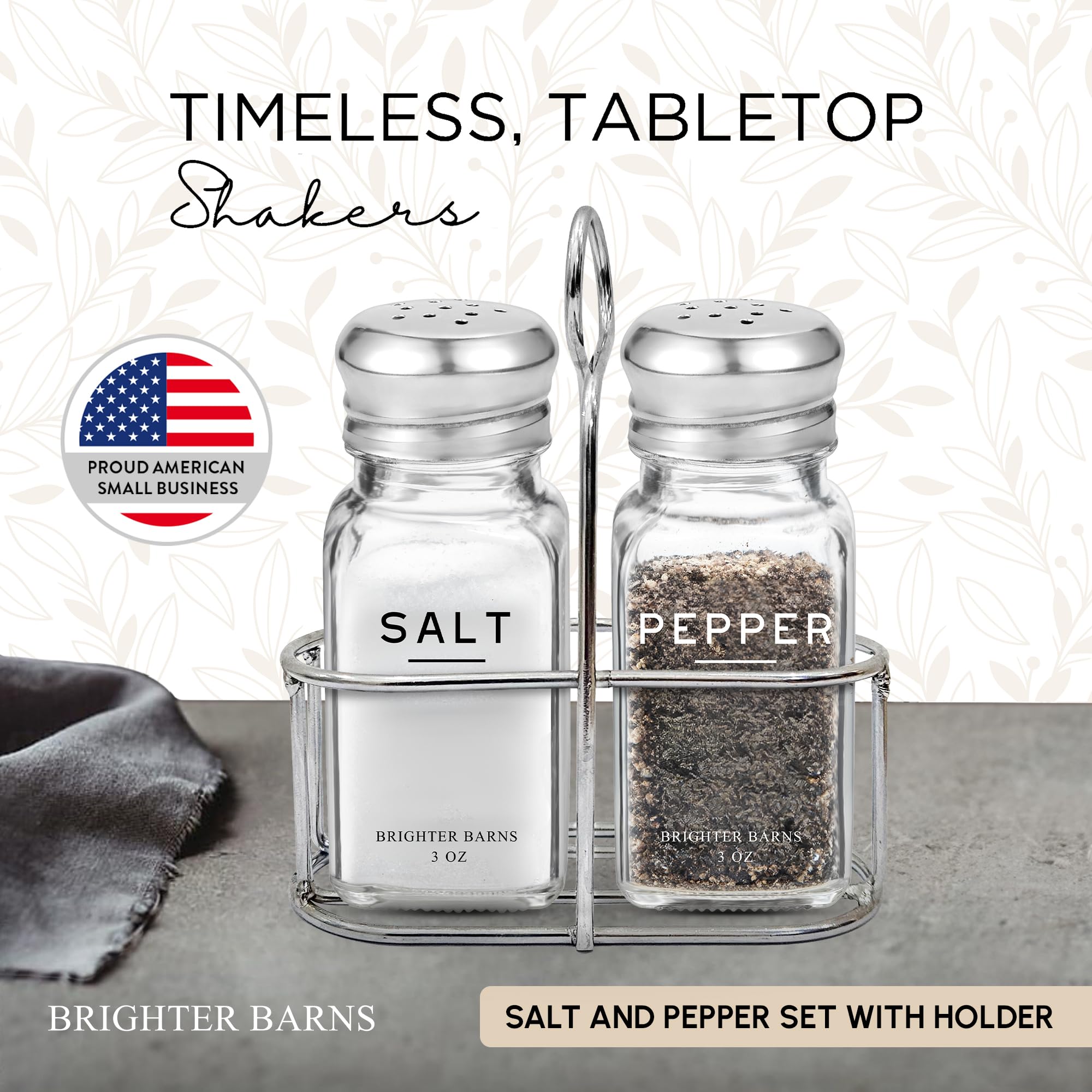 Brighter Barns salt and pepper tops in brushed stainless steel.