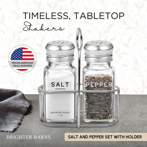 Brighter Barns salt and pepper tops in brushed stainless steel.