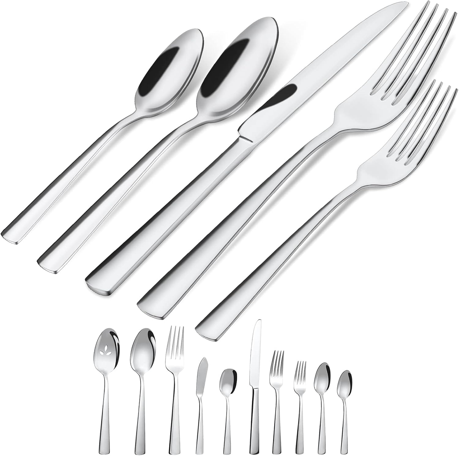 Brightown 45-piece flatware set with ergonomic-design for comfortable handling at meals.