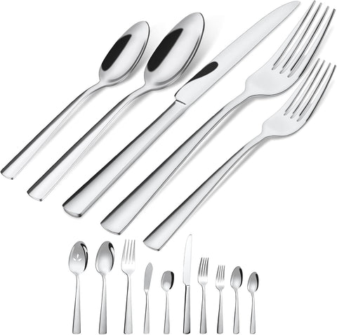Brightown 45-piece flatware set with ergonomic-design for comfortable handling at meals.