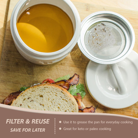 Briink Collective porcelain grease keeper holds hot drippings safely after cooking.