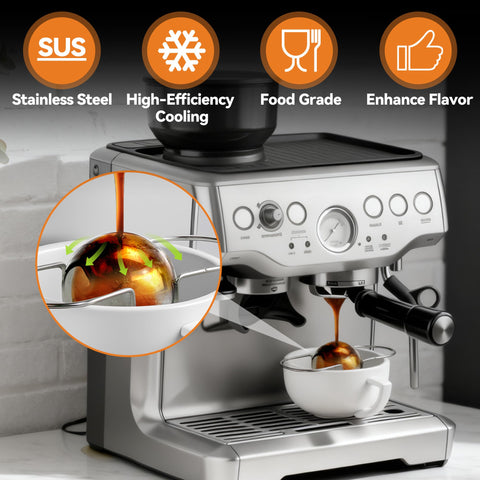 Brikinte XL espresso ball bracket setup on mug for mess-free cooling.