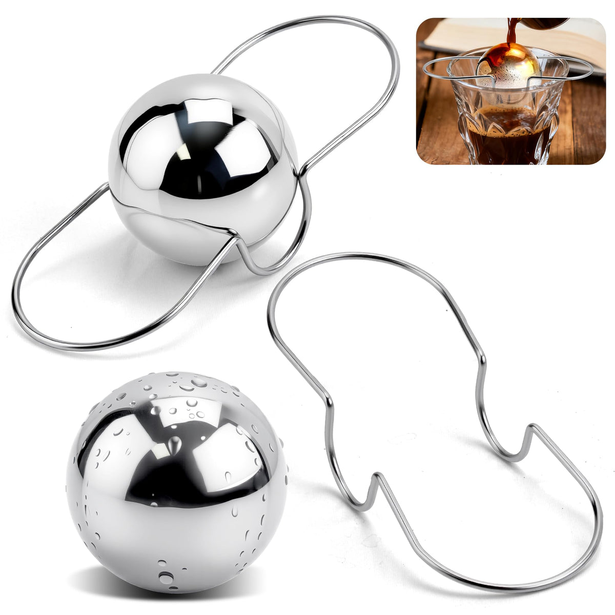 Brikinte XL espresso frozen ball on a mug cools hot espresso without diluting flavor.