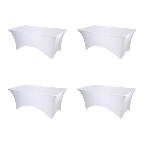 BRILLMAX 4-pack white fitted spandex table covers on a 6ft table for a clean setup.