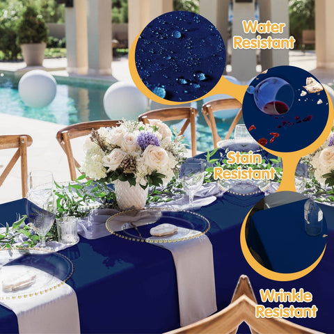 BRILLMAX stain-resistant navy tablecloth protects surfaces during meals.