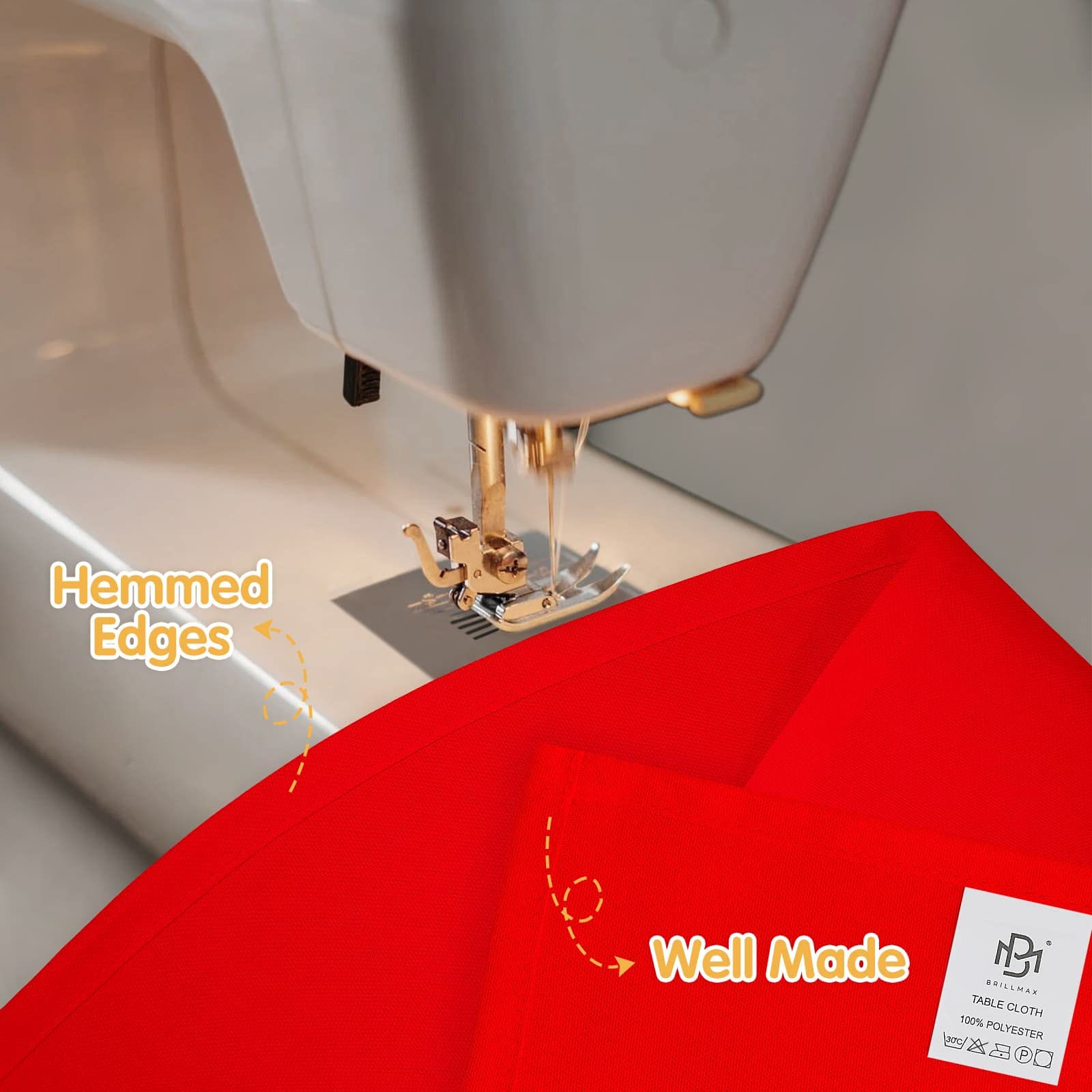 BRILLMAX close-up of stiff hems on red tablecloth