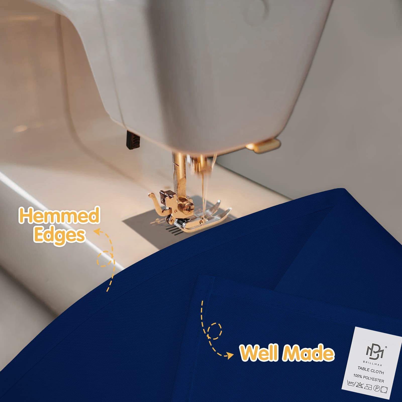 BRILLMAX machine-washable navy tablecloth simplifies post-event cleanup.