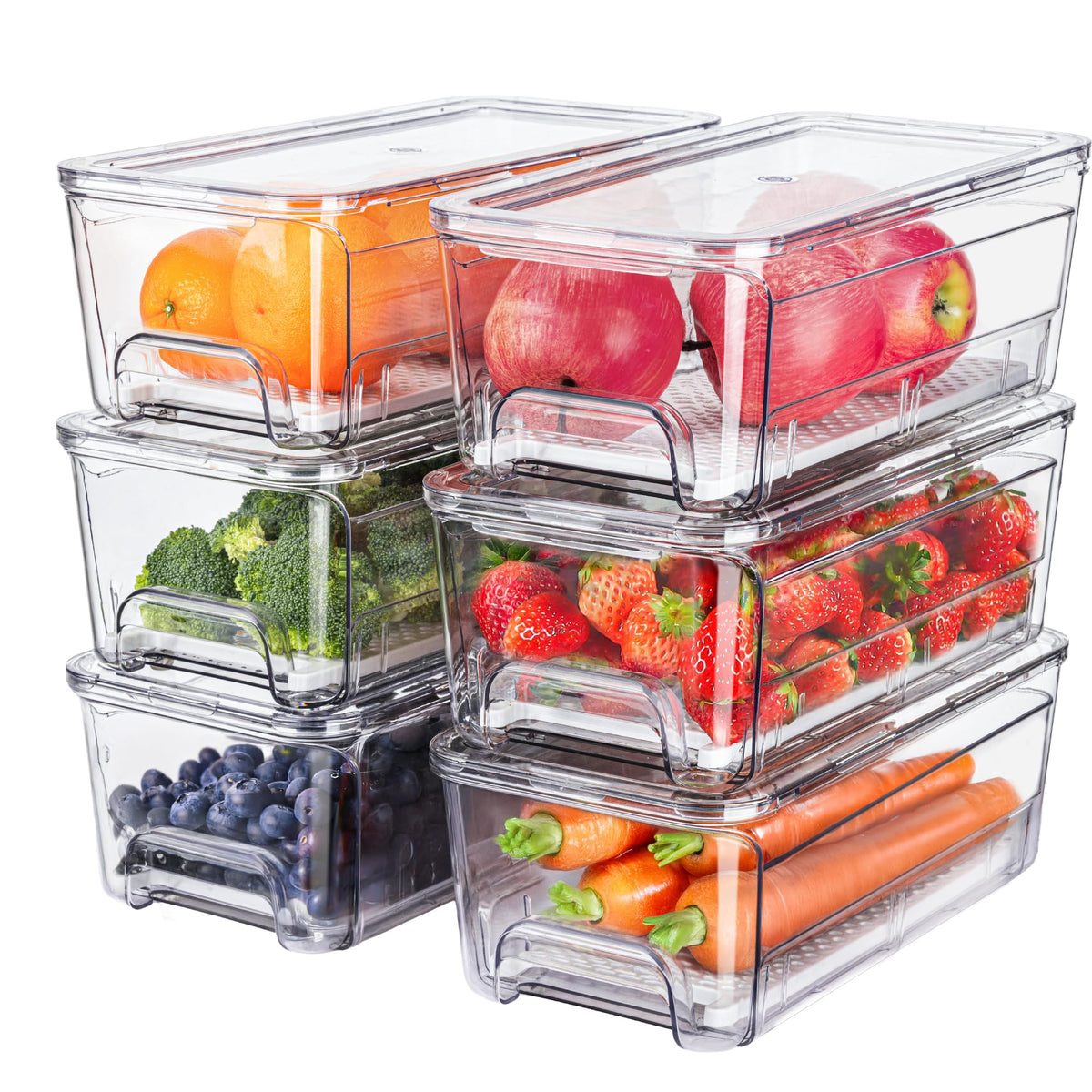 Brippo 6-pack fridge drawer organizer showing stacked bins for easy access and organized freshness.