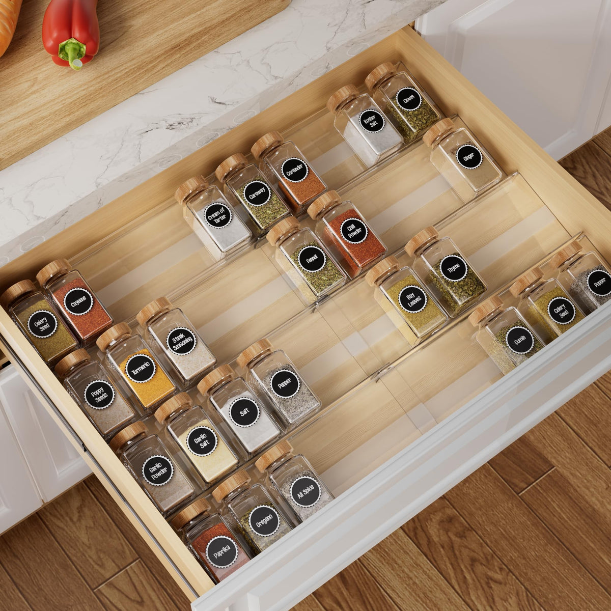 Brippo expandable spice drawer full view showing tiered storage and easy access.