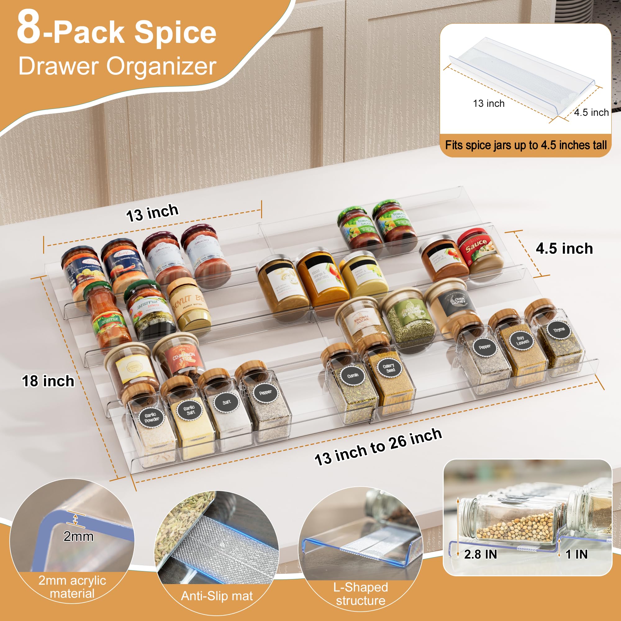 Brippo holds up to 56 jars of 4 oz, keeping spices organized.
