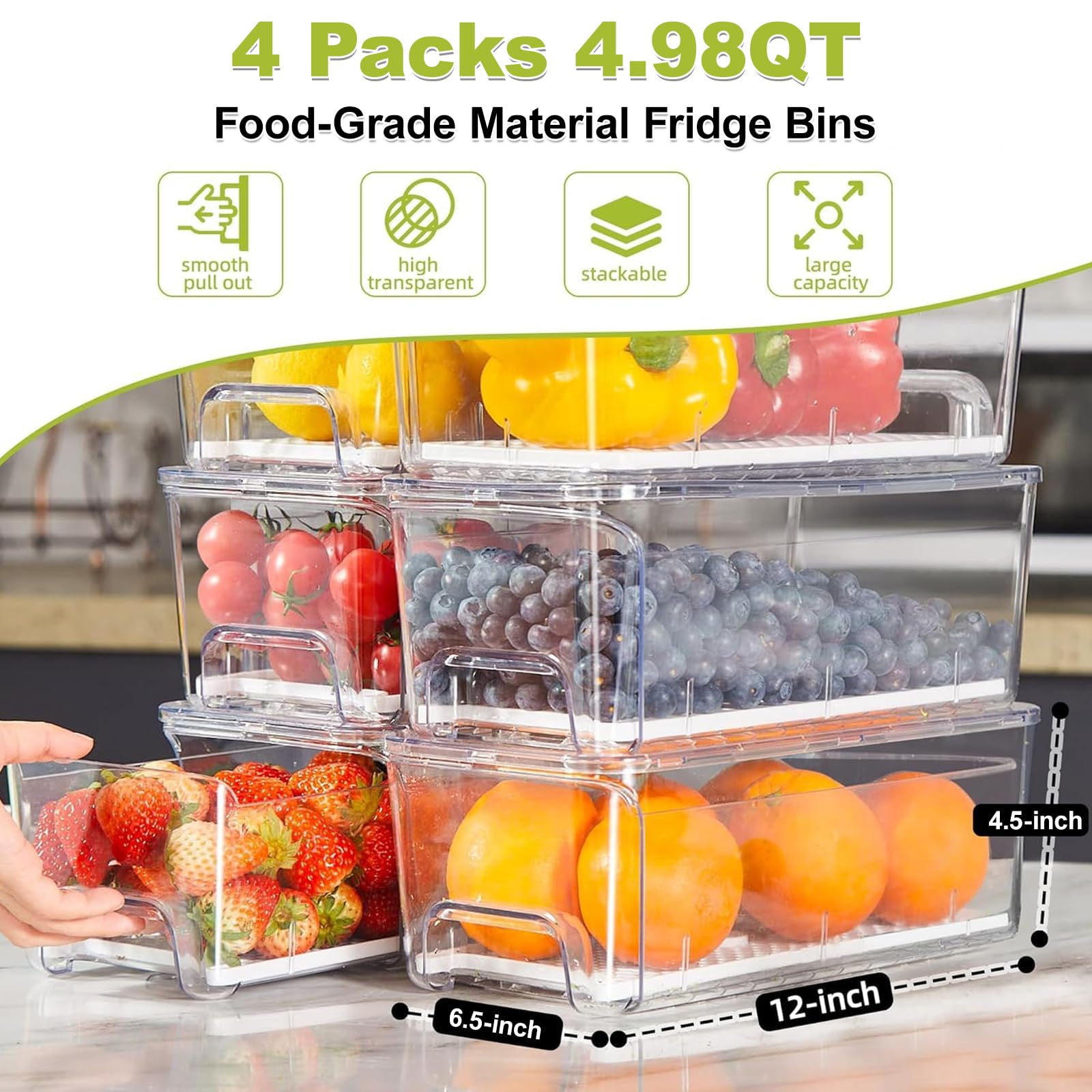 Brippo clear stackable fridge bins maximize space and visibility for groceries.