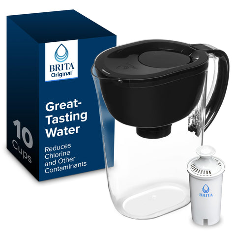 Brita large pitcher front view in Stretch Limo Black, easy fridge storage