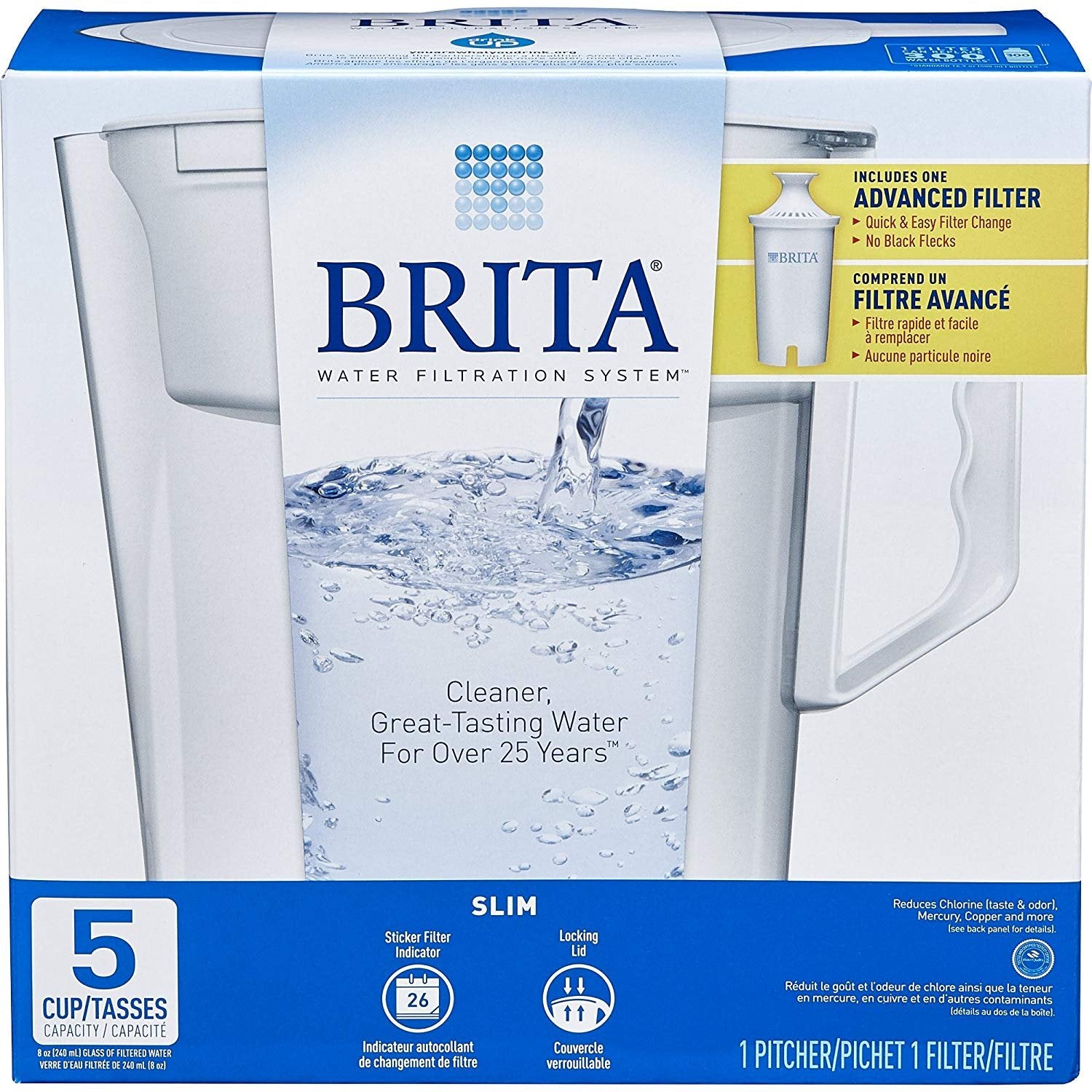 BRITA Slim pitcher with 5-cup capacity fits small kitchens and serves refreshing water.
