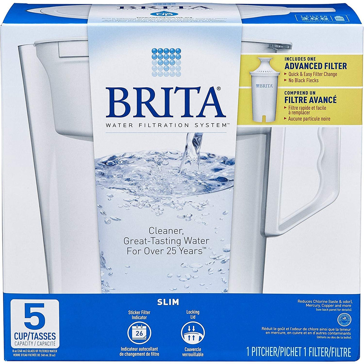 BRITA Slim pitcher with 5-cup capacity fits small kitchens and serves refreshing water.