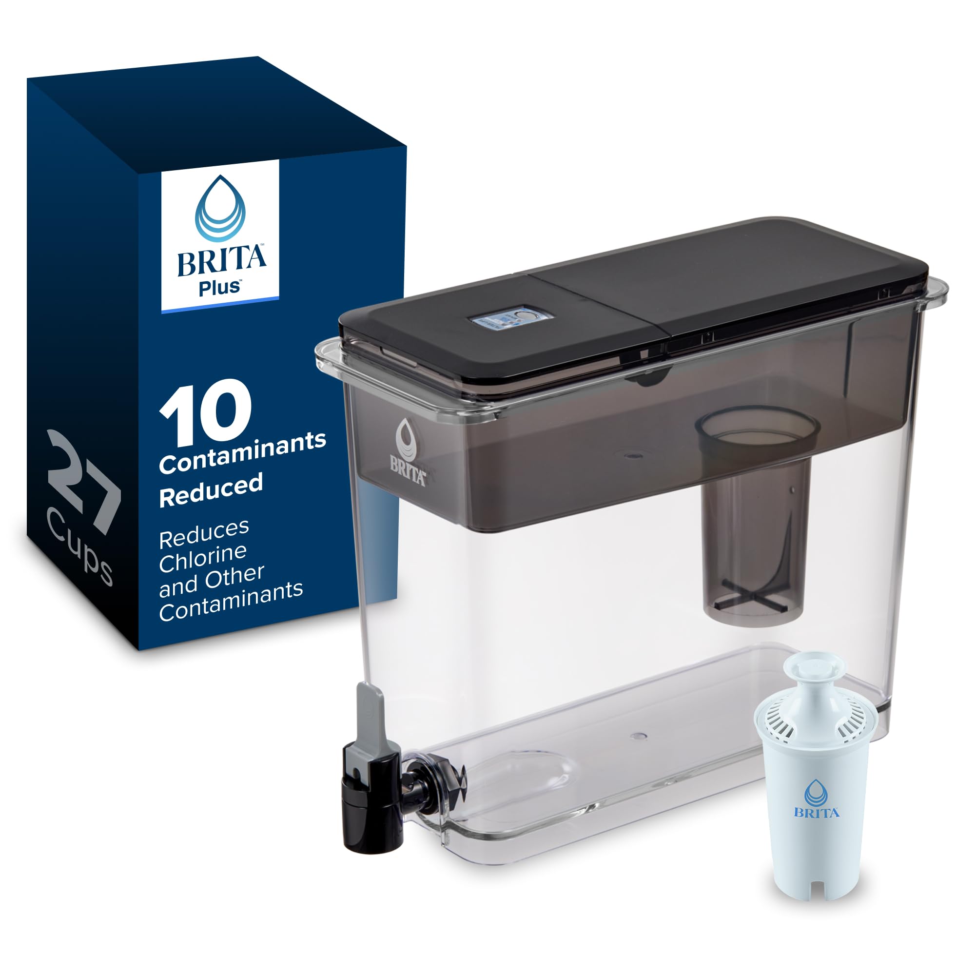 Brita UltraMax 27-cup black dispenser on counter for convenient filtered water