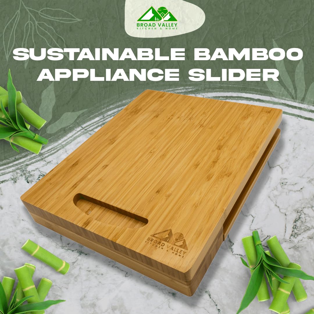 Broad Valley Bamboo Appliance Slider demonstrates simple maintenance on a clean kitchen counter.
