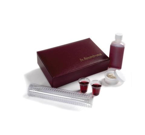 Broadman portable communion set in maroon with 25 cups, ready for worship services.
