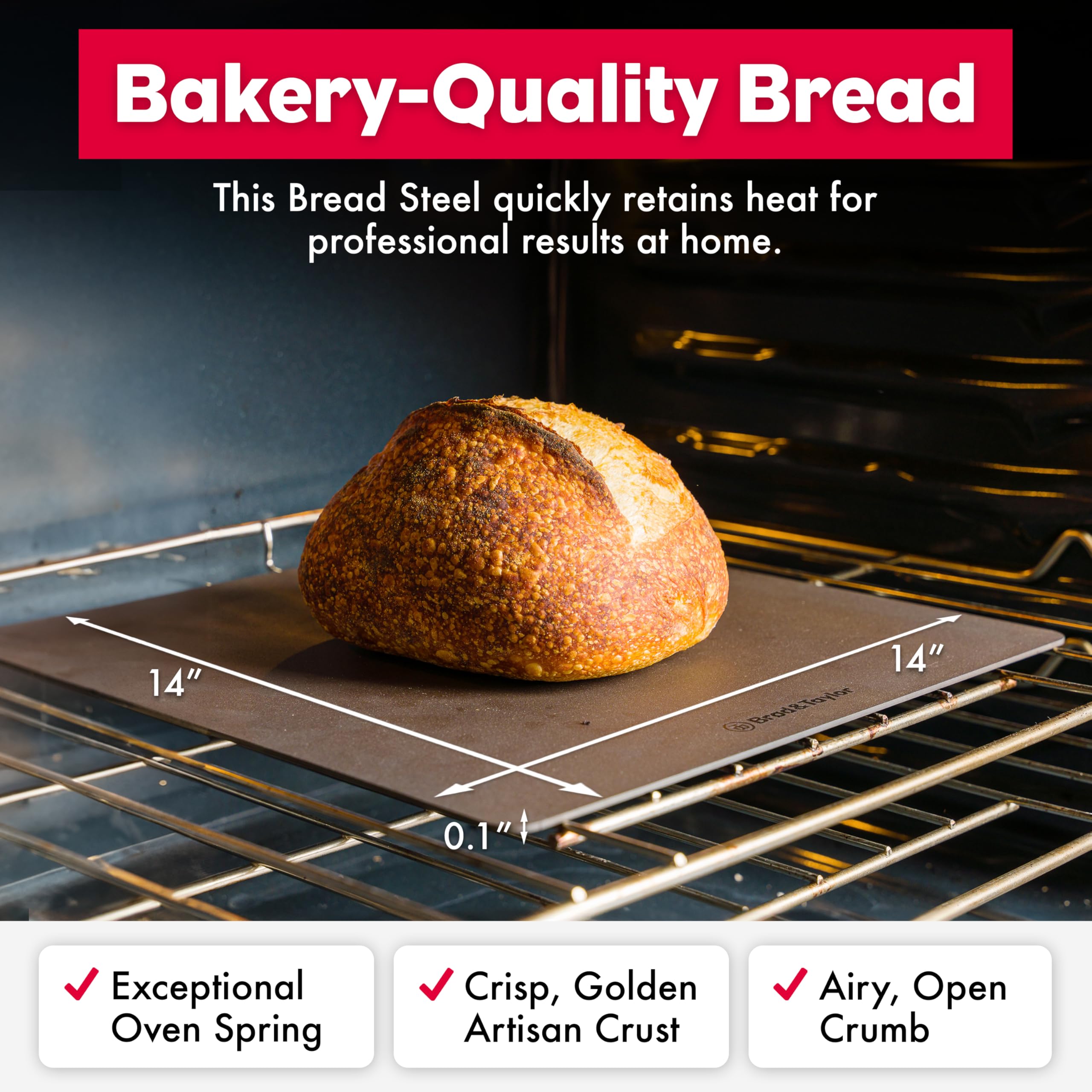 Brod and Taylor Bread Steel Original in oven image demonstrates fast preheat benefits.