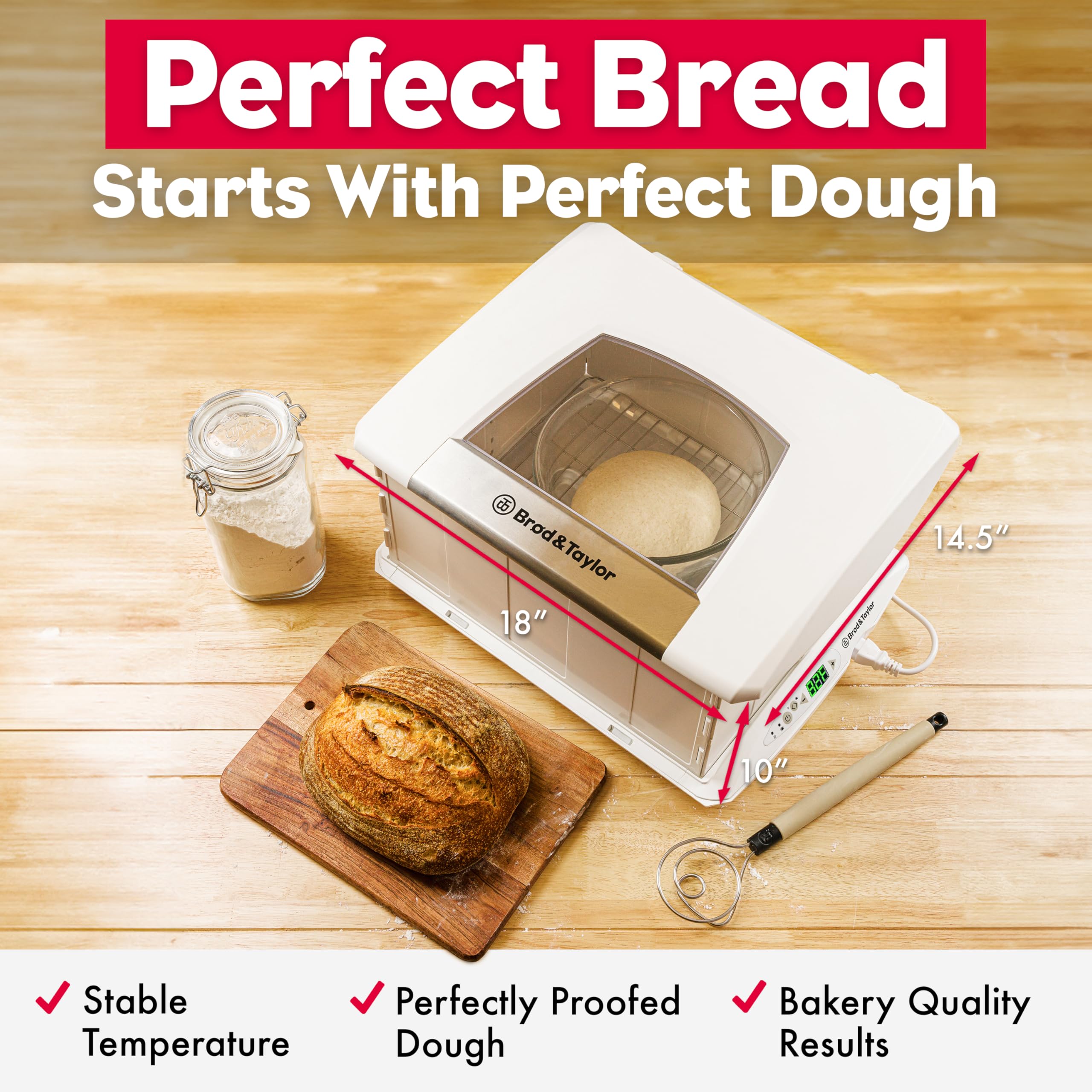 Brod & Taylor folding proofer white open showing 18-inch width and 14.5-inch depth.