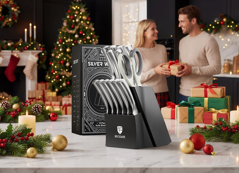 BRODARK 8-inch chef knife in action for precise slicing.