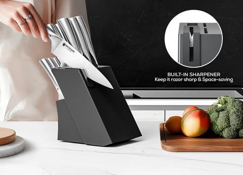BRODARK wooden block with built-in sharpener keeping blades ready.
