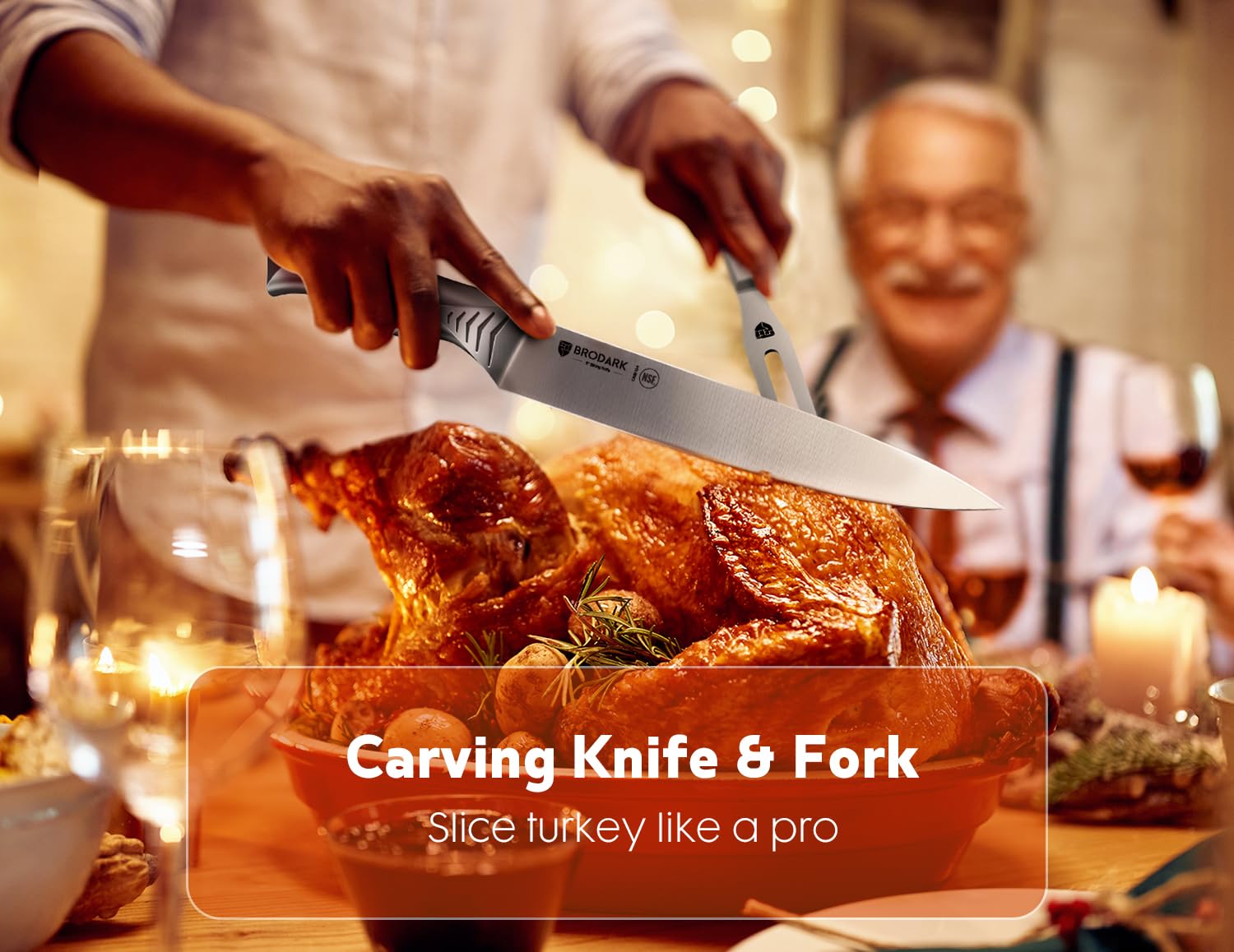 BRODARK carving fork 8-inch holds large roasts firmly during serving.