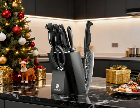 BRODARK Damascus knife set block and knives on counter for organized storage.