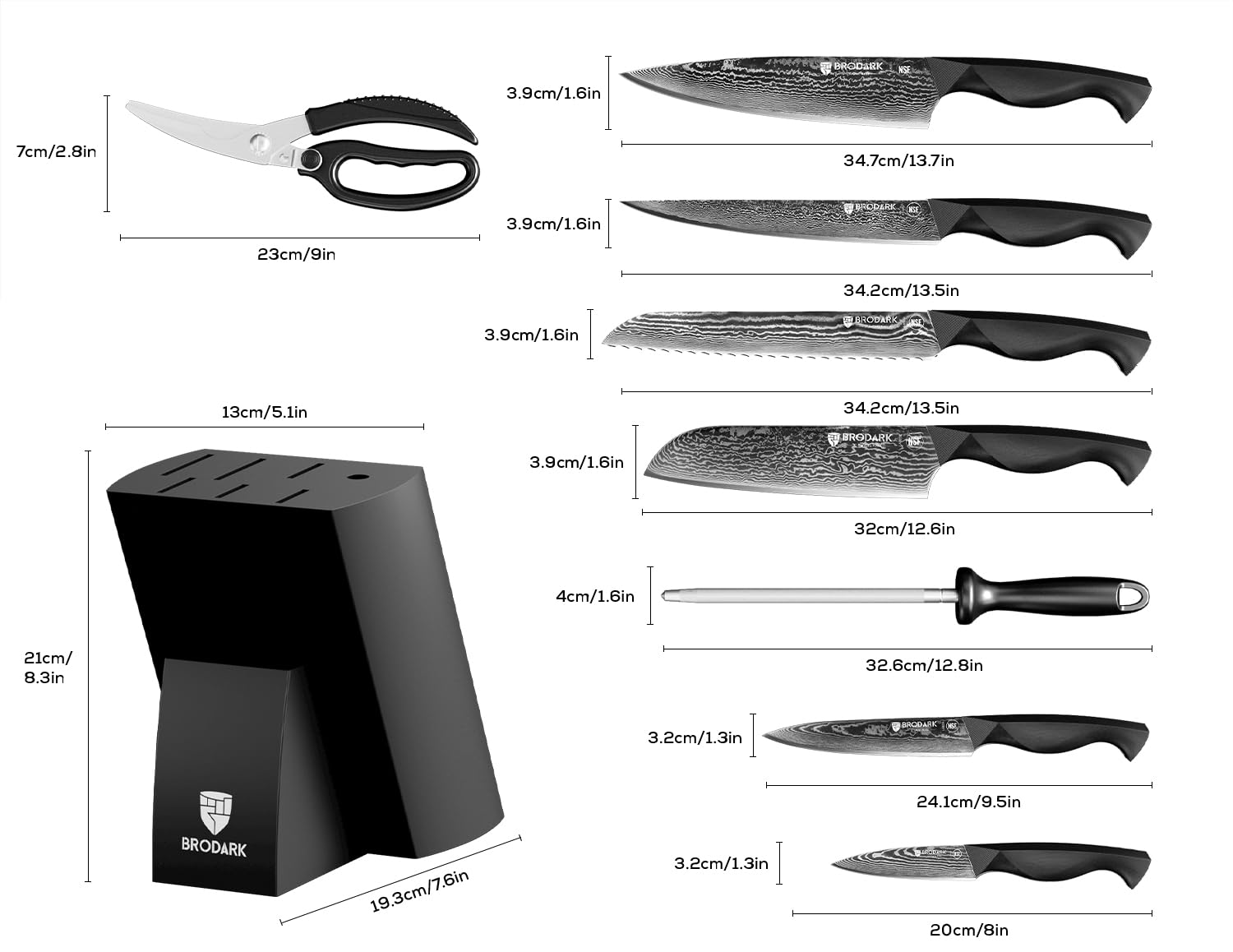 BRODARK Damascus knife set hammered texture reduces sticking for easier cleanup.