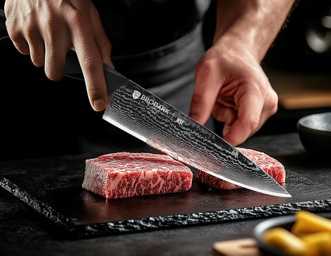 BRODARK Damascus knife set prep scene shows versatility for vegetables and herbs.