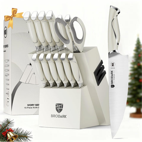 BRODARK Ivory Series knife block keeps knives organized and ready for quick prep.