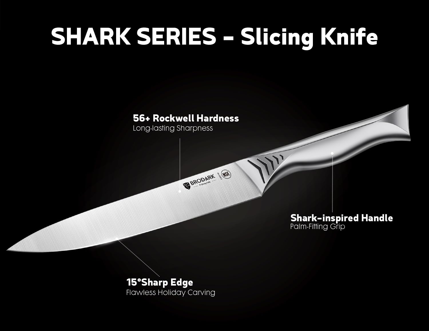 BRODARK knife edge close-up shows 15-degree precision for smooth slices.
