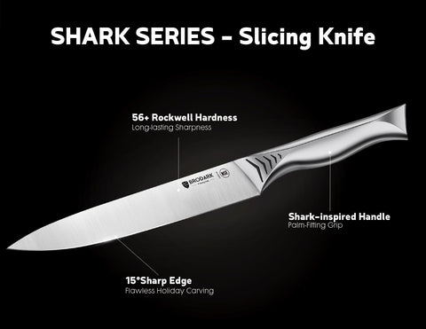 BRODARK knife edge close-up shows 15-degree precision for smooth slices.