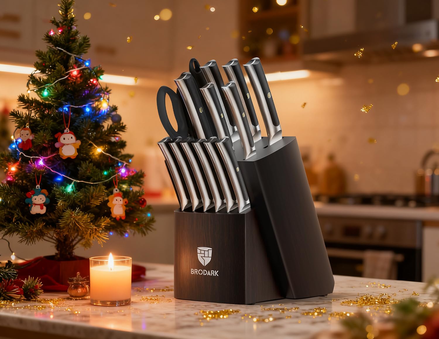 BRODARK knife block with scissors and sharpener for organized prep.