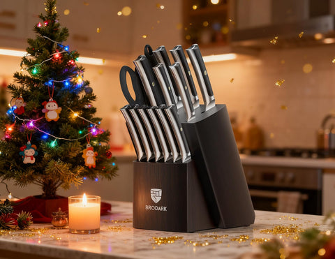 BRODARK knife block with scissors and sharpener for organized prep.