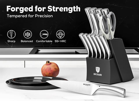 BRODARK serrated steak knives with ergonomic grip for clean cuts.