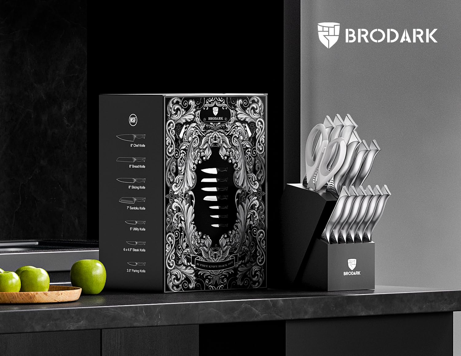 BRODARK Shark Series wood block with knives stored neatly on counter.