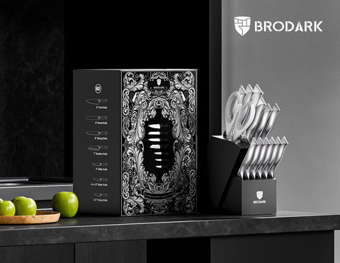 BRODARK Shark Series wood block with knives stored neatly on counter.