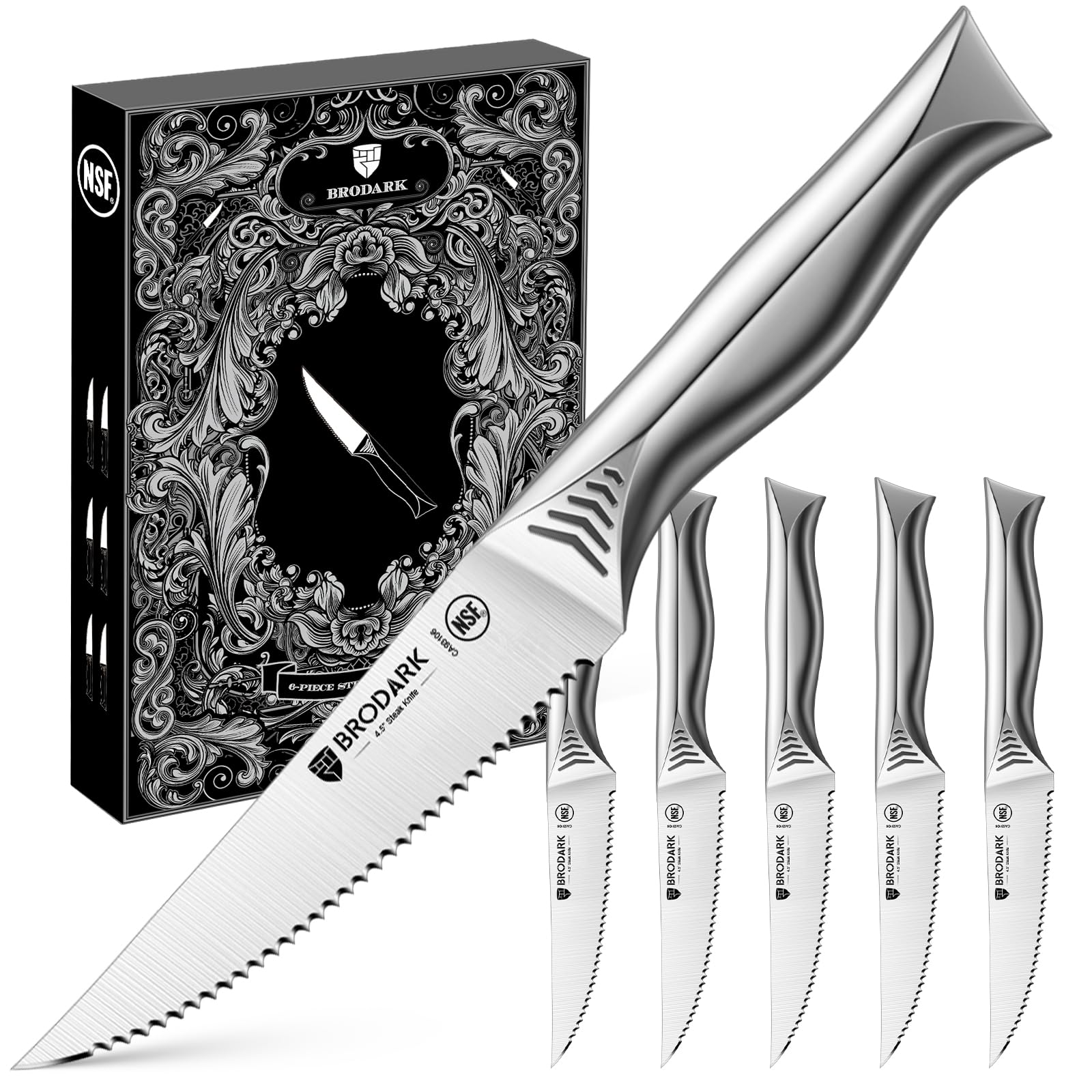 BRODARK 6pc steak knives blade close-up for precise meat slicing