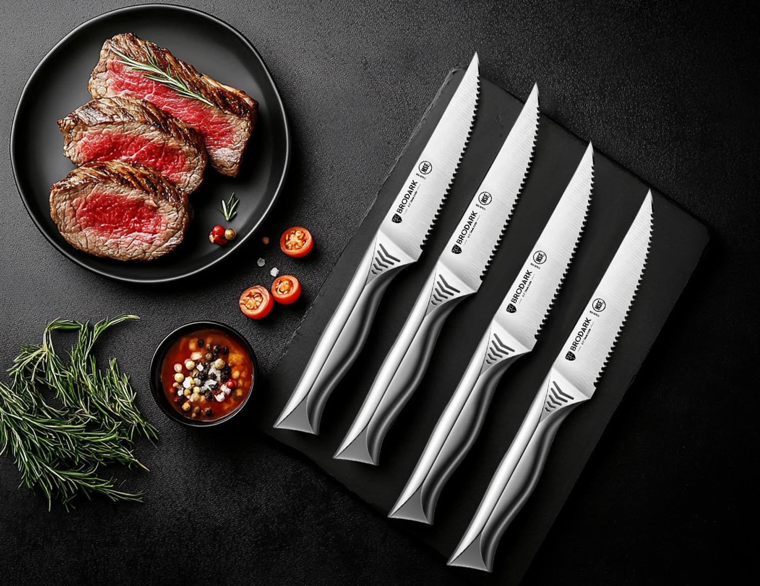 BRODARK 6pc serrated-edge steak knives showcase durable performance